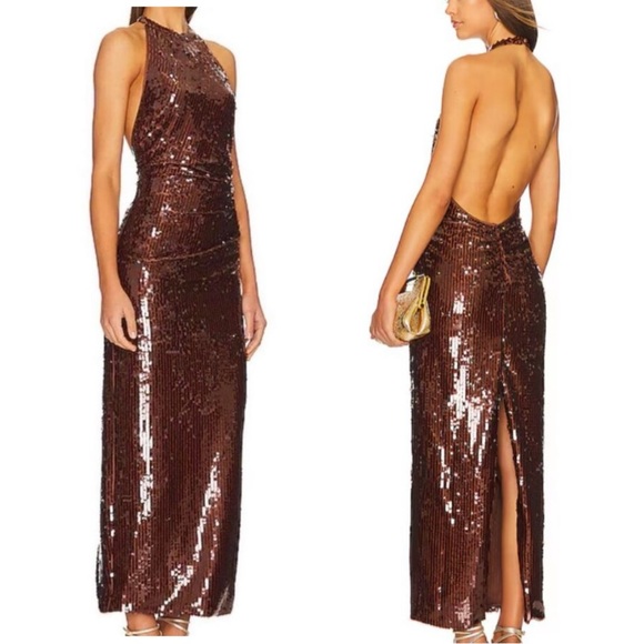 RONNY KOBO Alix Sequined Halter Gown Brown - Picture 3 of 16